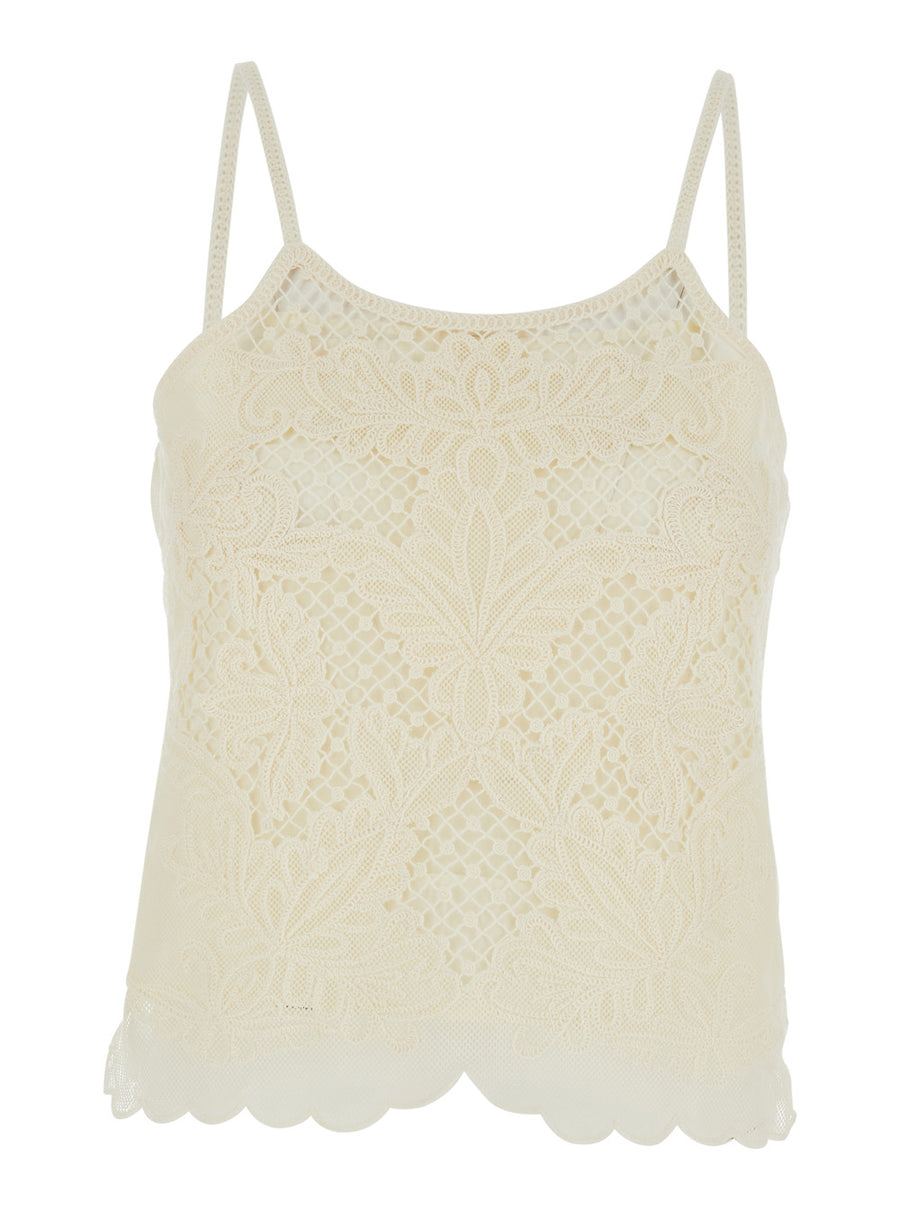 Round Neck Lace Top White Cotton Tops