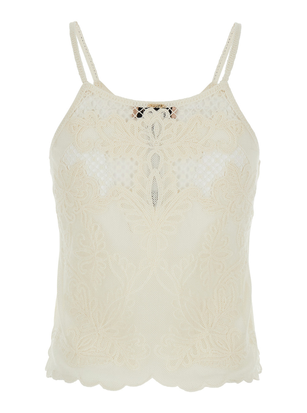 Round Neck Top with Lace Design in Cotton Blend White Women Polyamide Tops