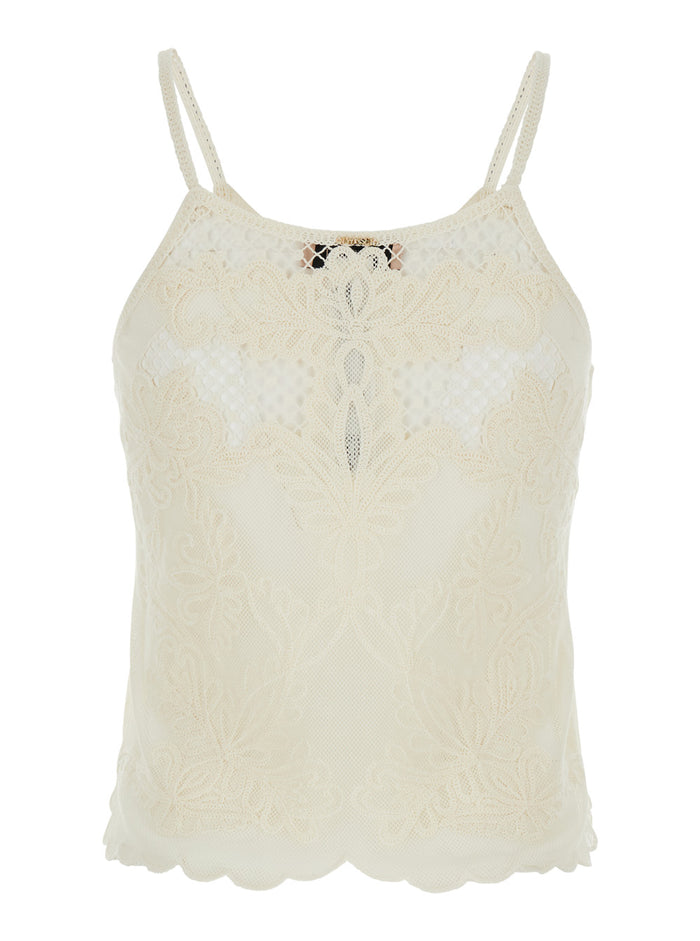 Round Neck Top with Lace Design in Cotton Blend White Women Polyamide Tops