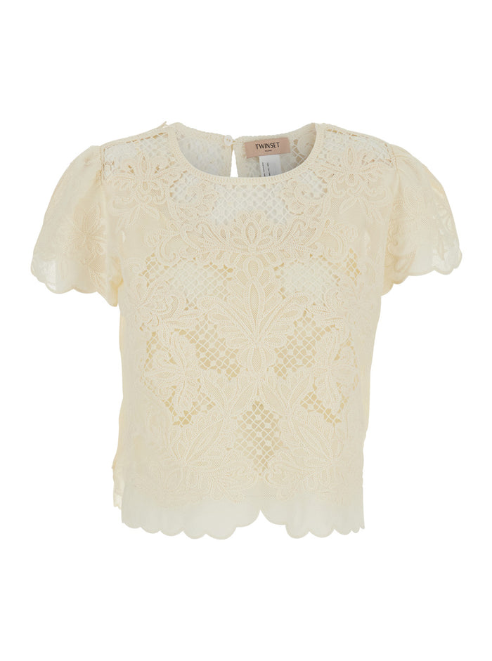 Blouse White with Long Sleeves and Cotton Lace Details for Women Polyamide Tops