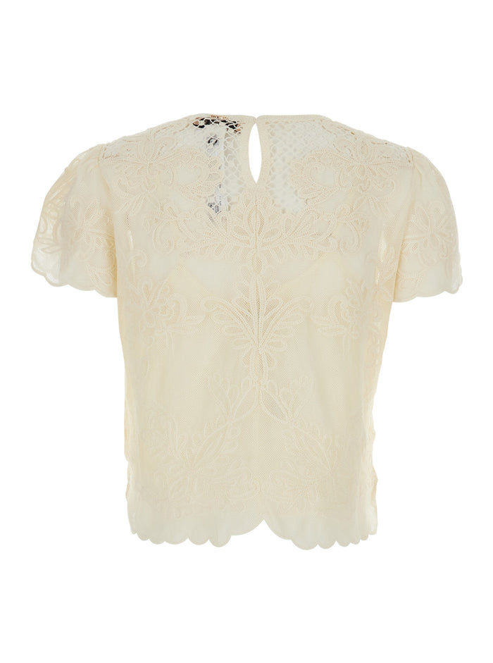 Blouse White with Long Sleeves and Cotton Lace Details for Women Polyamide Tops