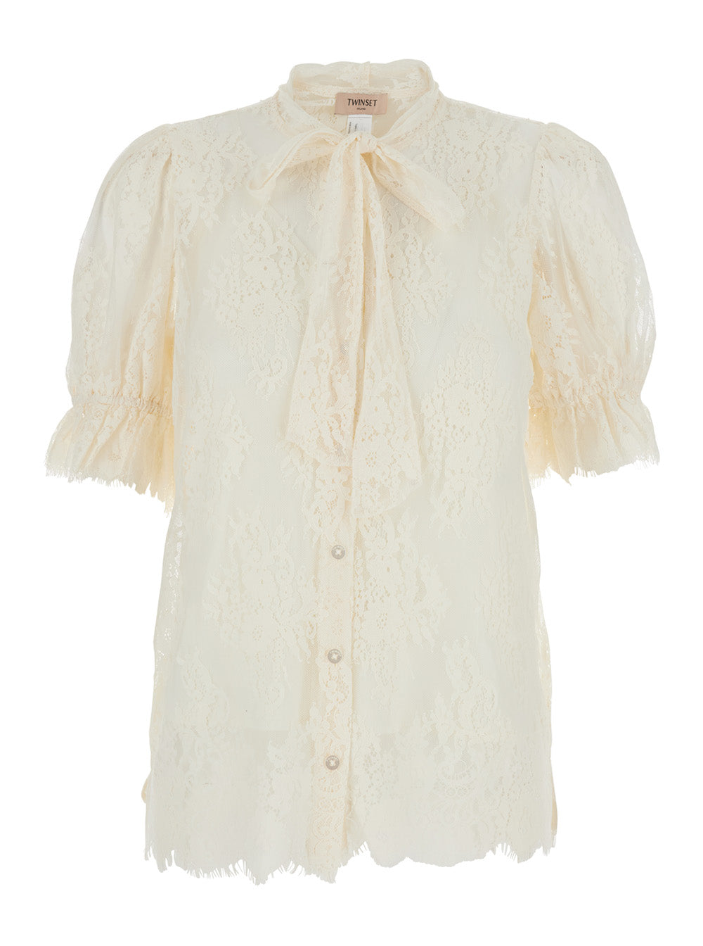 White Cotton Blend Shirt with Lace Design and Knot Collar for Women Polyamide Blouses