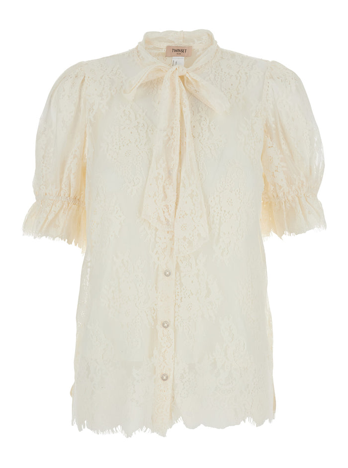 White Cotton Blend Shirt with Lace Design and Knot Collar for Women Polyamide Blouses