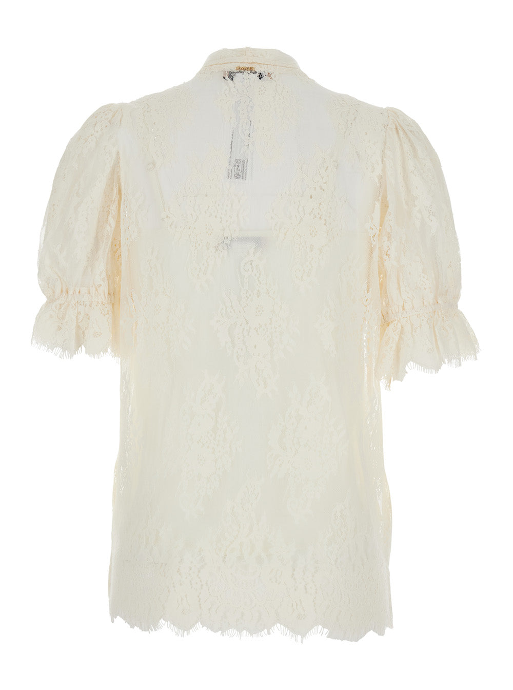 White Cotton Blend Shirt with Lace Design and Knot Collar for Women Polyamide Blouses
