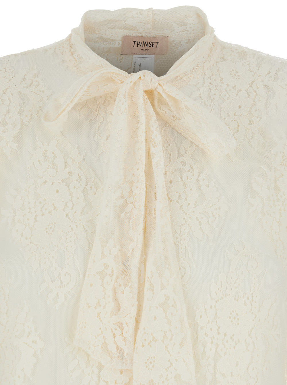 White Cotton Blend Shirt with Lace Design and Knot Collar for Women Polyamide Blouses
