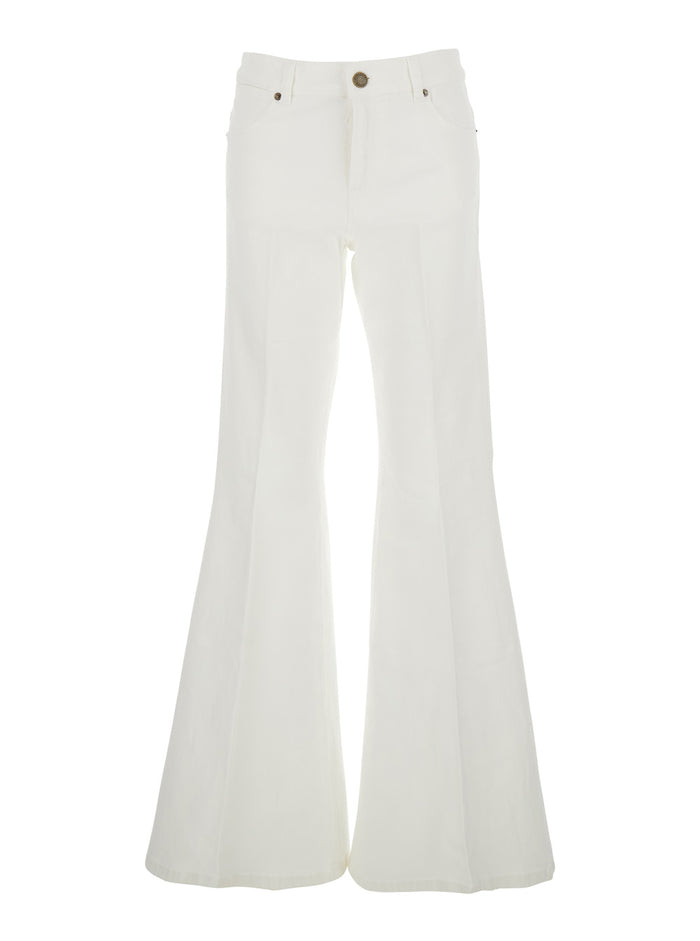 Wide Leg Jeans with Logo Patch on the Back and in White Denim for Women Cotton Elastane