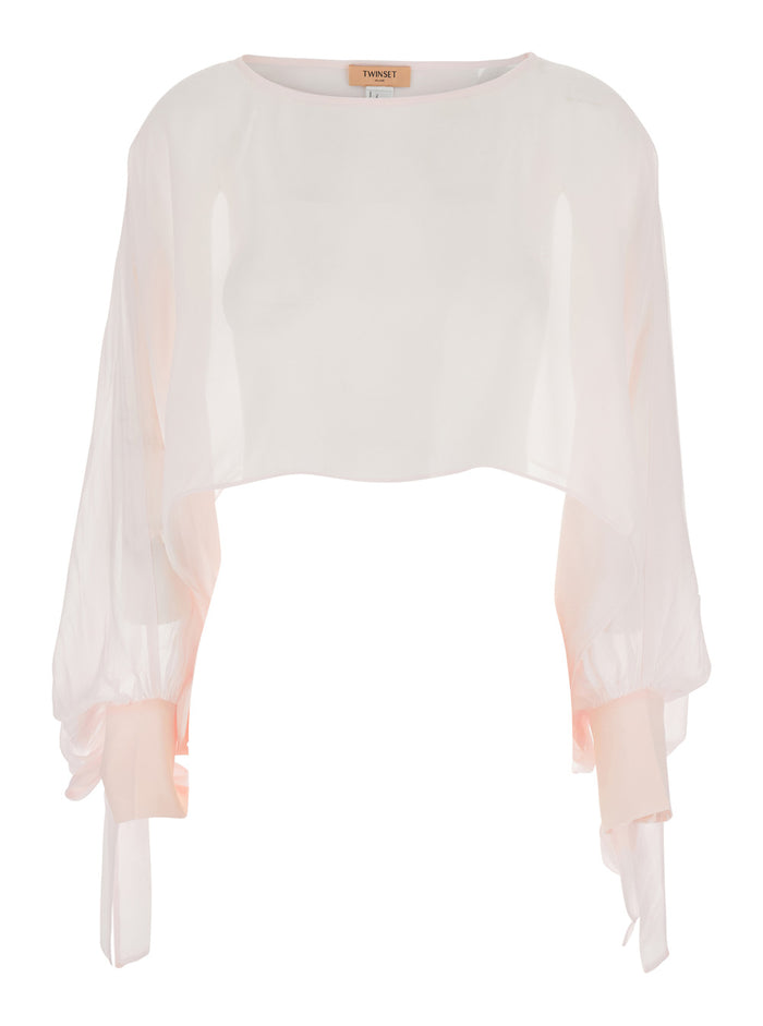 Pink Blouse with Long Sleeves and Lace Details in Viscose for Women Shirts Blouses