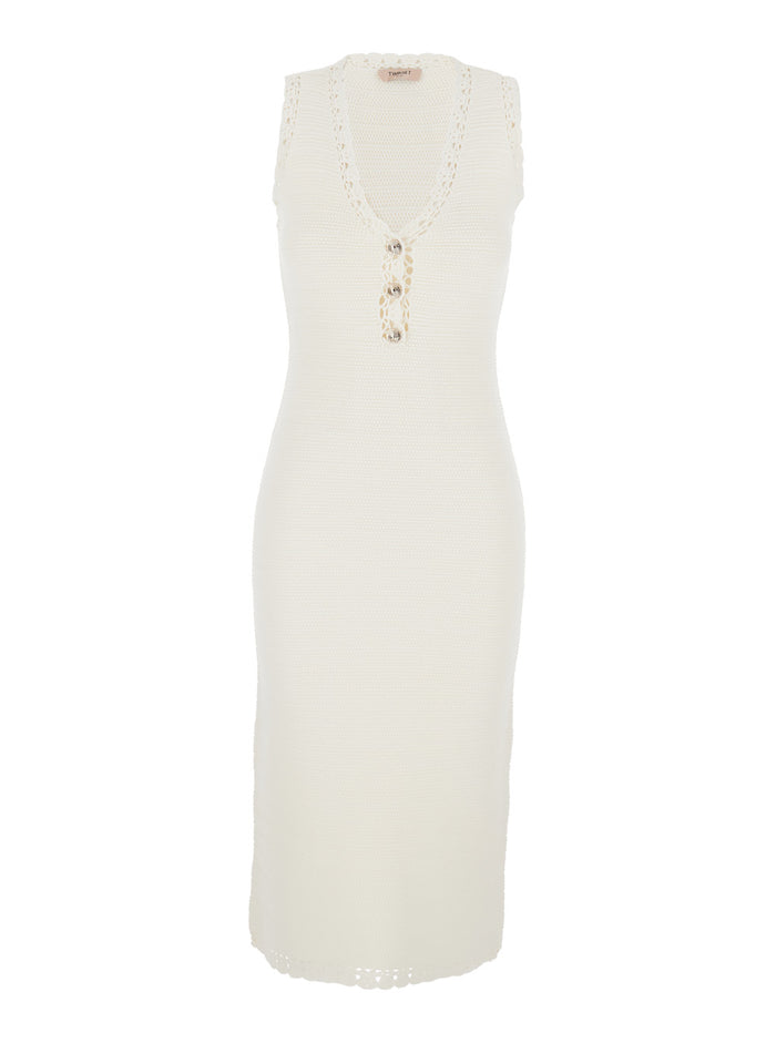Long Dress White with V-Neck and Sleeves in Viscose for Women Polyamide