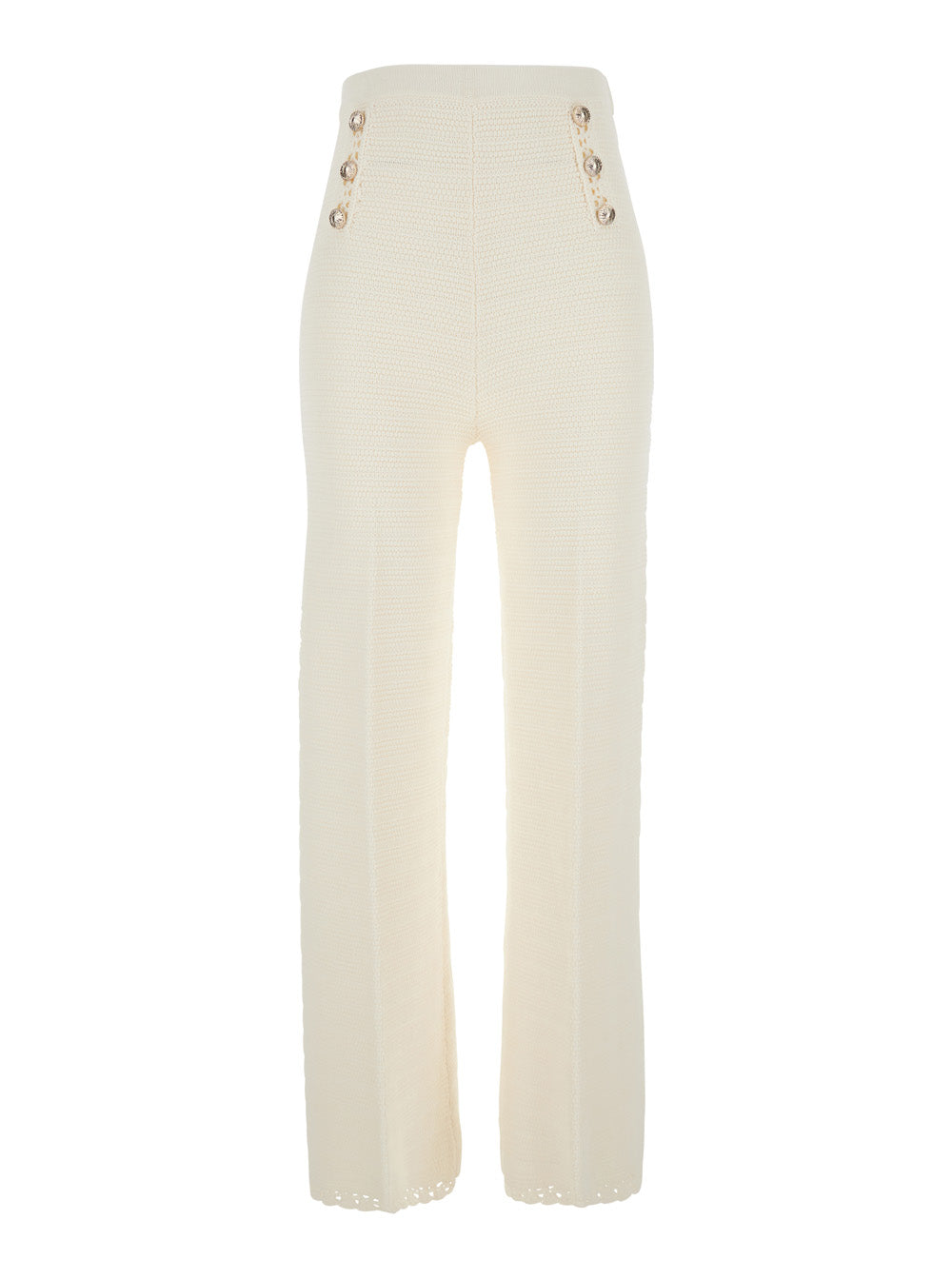 White Pants with Crochet Work and Elasticated Waist in Viscose Blend for Women Polyamide Trousers