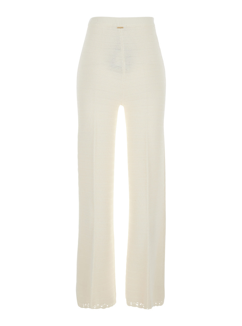 White Pants with Crochet Work and Elasticated Waist in Viscose Blend for Women Polyamide Trousers