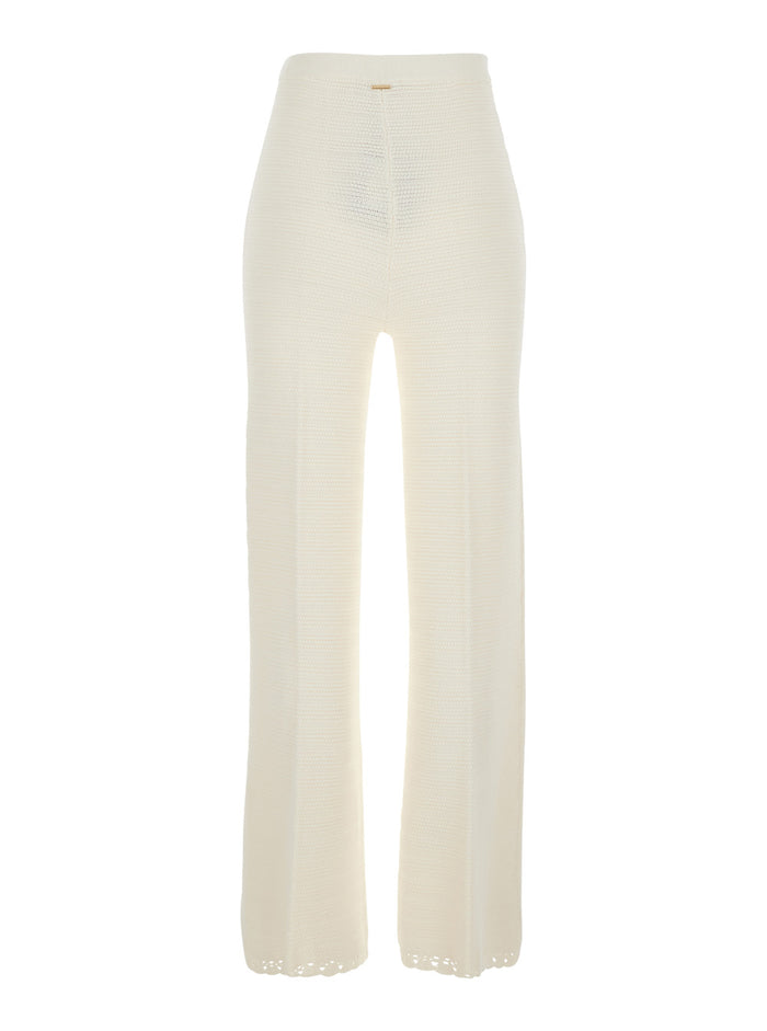 White Pants with Crochet Work and Elasticated Waist in Viscose Blend for Women Polyamide Trousers