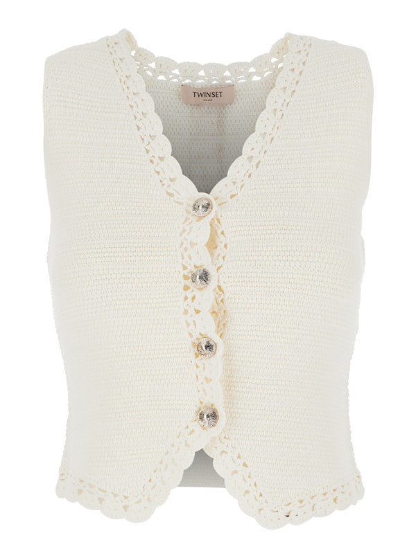 V-Neck Crochet Knit Vest, White Viscose Blazers