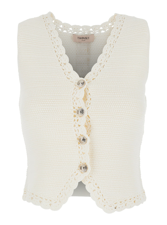 V-Neck Crochet Knit Vest in White Viscose Blend for Women Polyamide Blazers