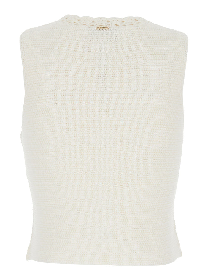 V-Neck Crochet Knit Vest in White Viscose Blend for Women Polyamide Blazers