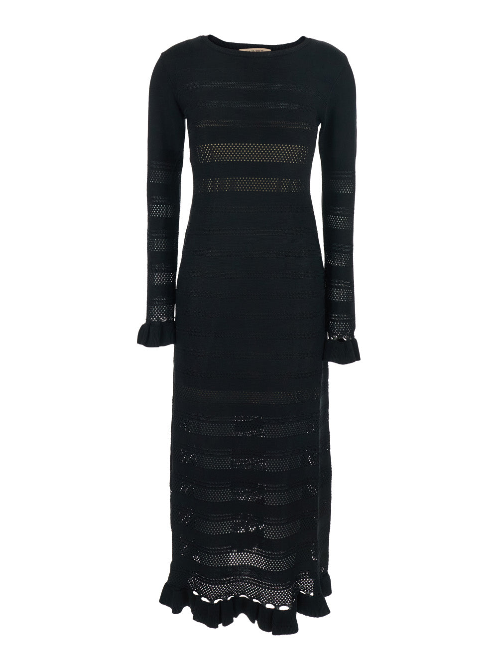 Long Dress with Ruffles and Perforated Design Black Viscose Polyamide