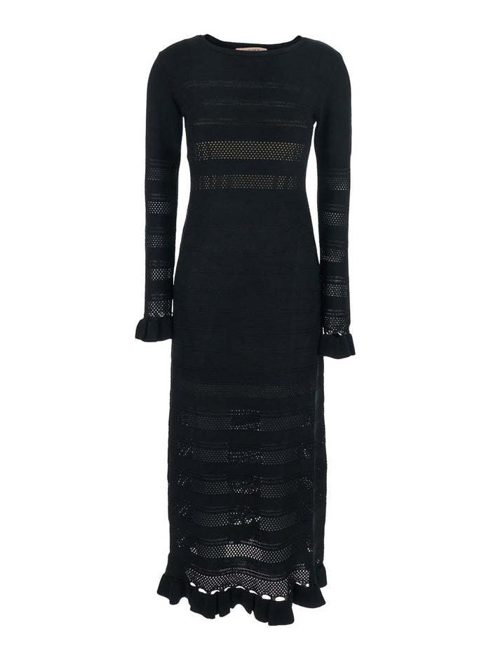 Long Dress with Ruffles and Perforated Design Black Viscose Polyamide