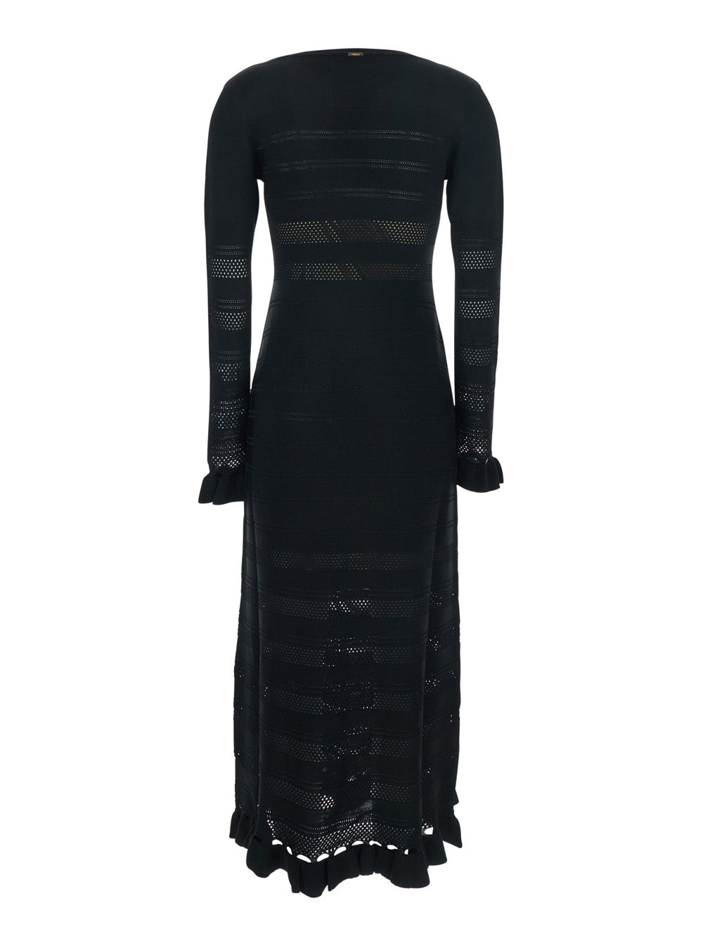 Long Dress with Ruffles and Perforated Design Black Viscose Polyamide