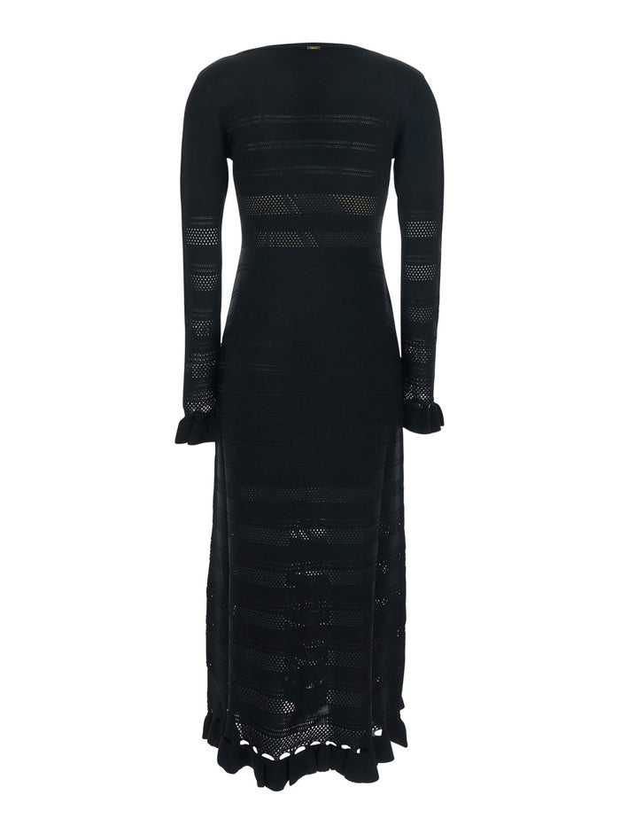 Long Dress with Ruffles and Perforated Design Black Viscose Polyamide