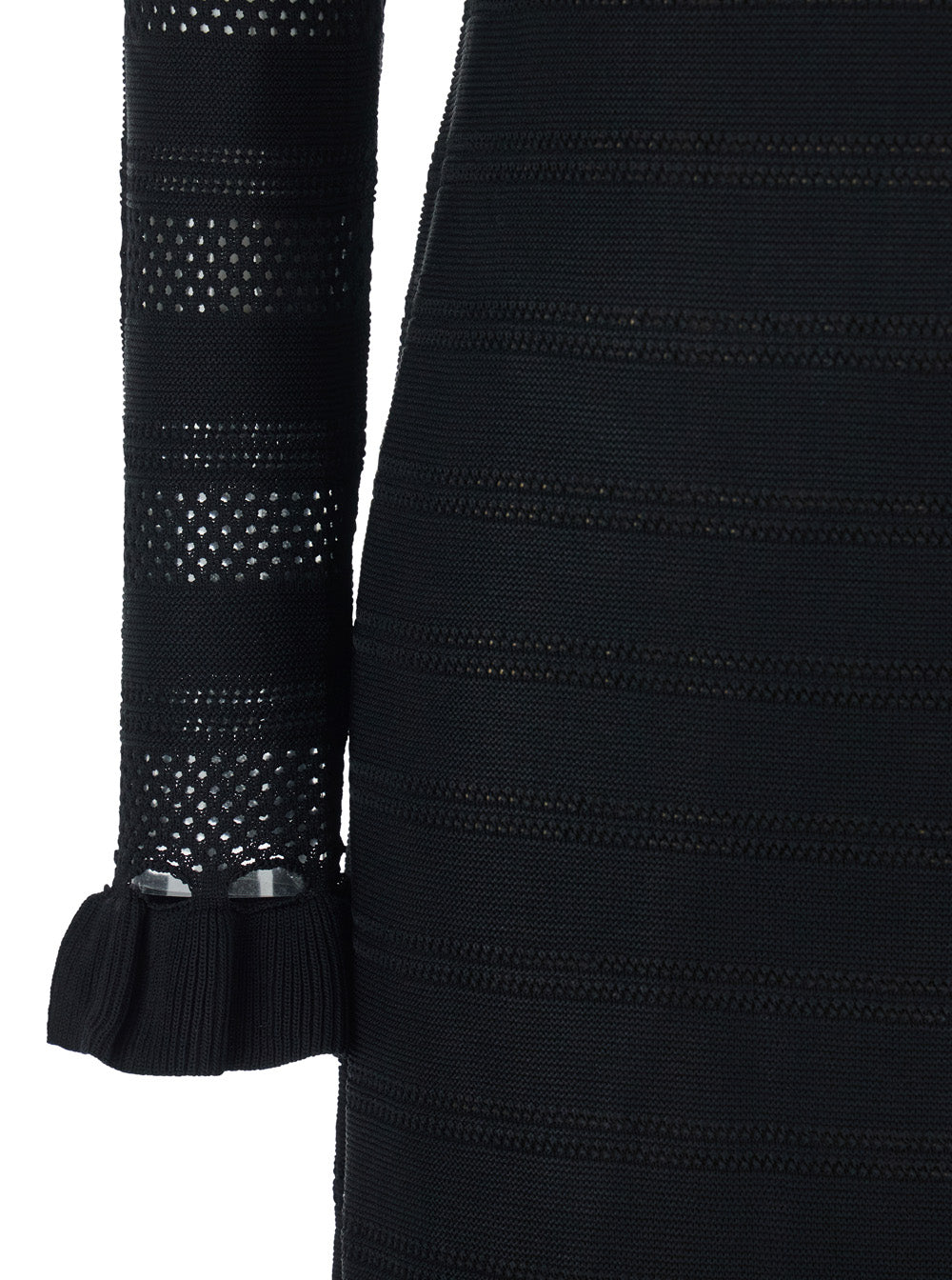 Long Dress with Ruffles and Perforated Design Black Viscose Polyamide