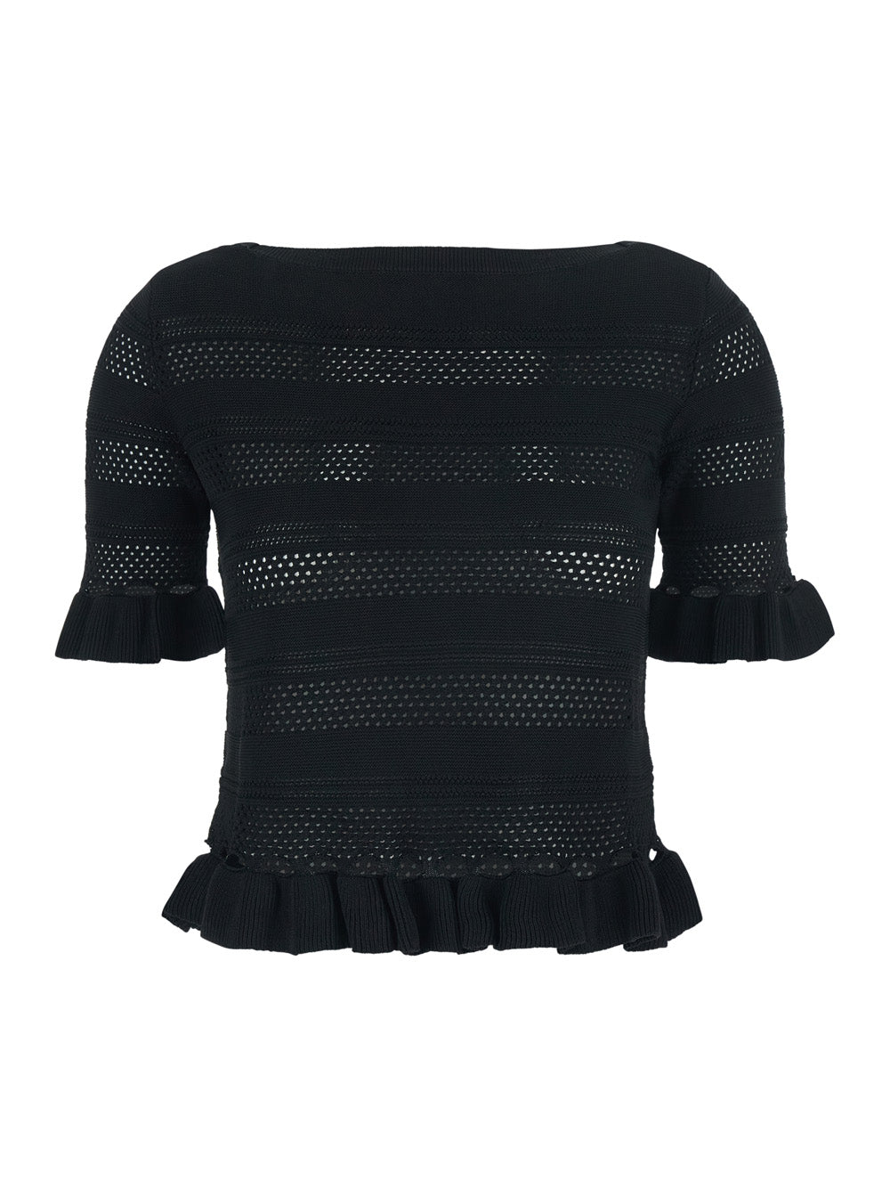 Black Sweater with Ruffles and Perforated Design in Wool Blend for Women Viscose Polyamide Jersey