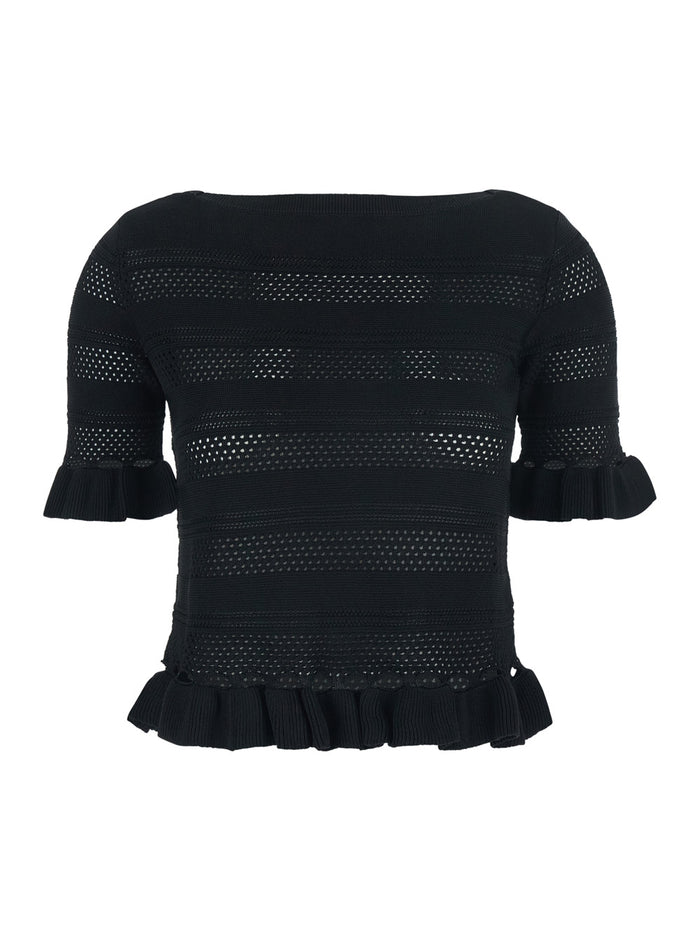 Black Sweater with Ruffles and Perforated Design in Wool Blend for Women Viscose Polyamide Jersey