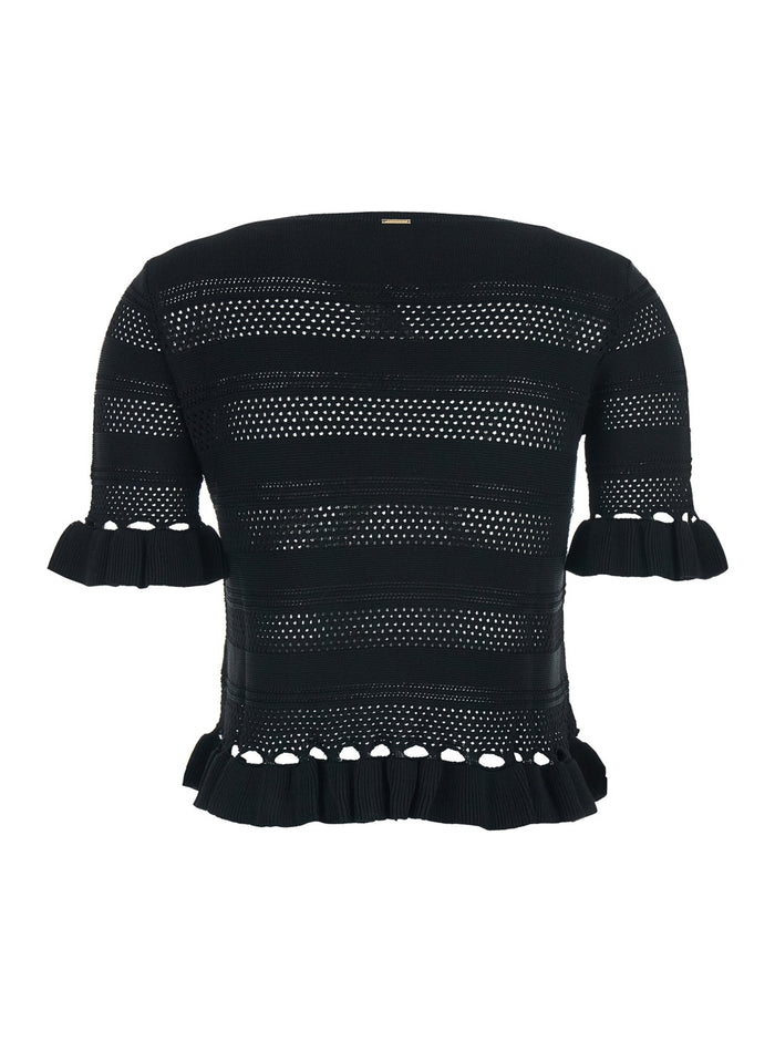 Black Sweater with Ruffles and Perforated Design in Wool Blend for Women Viscose Polyamide Jersey