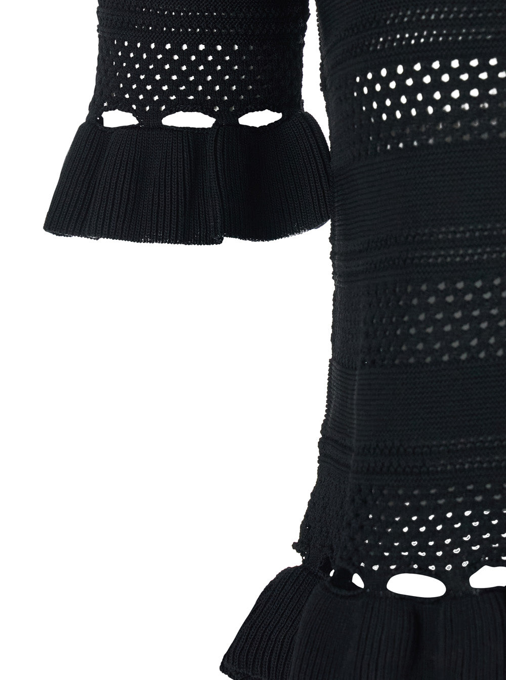 Black Sweater with Ruffles and Perforated Design in Wool Blend for Women Viscose Polyamide Jersey