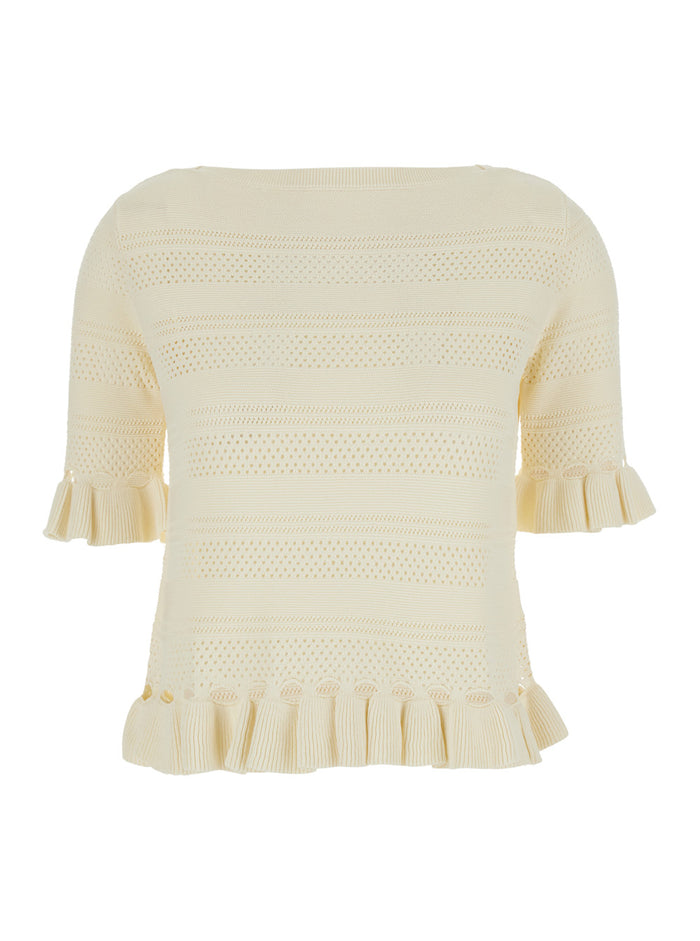 Sweater with Ruffles and Perforated Design in Wool Blend White Women Viscose Polyamide Jersey