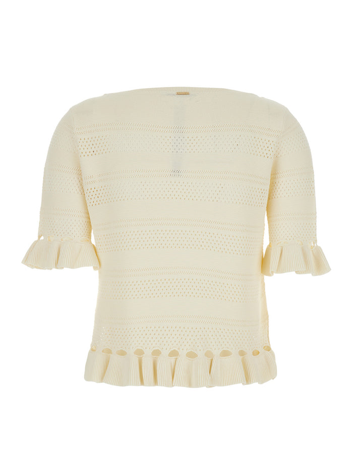 Sweater with Ruffles and Perforated Design in Wool Blend White Women Viscose Polyamide Jersey