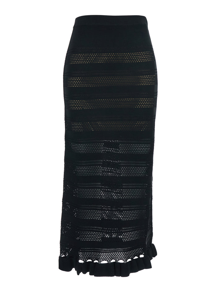 Black Skirt with Ruffles and Perforated Design in Wool Blend for Women Viscose Polyamide