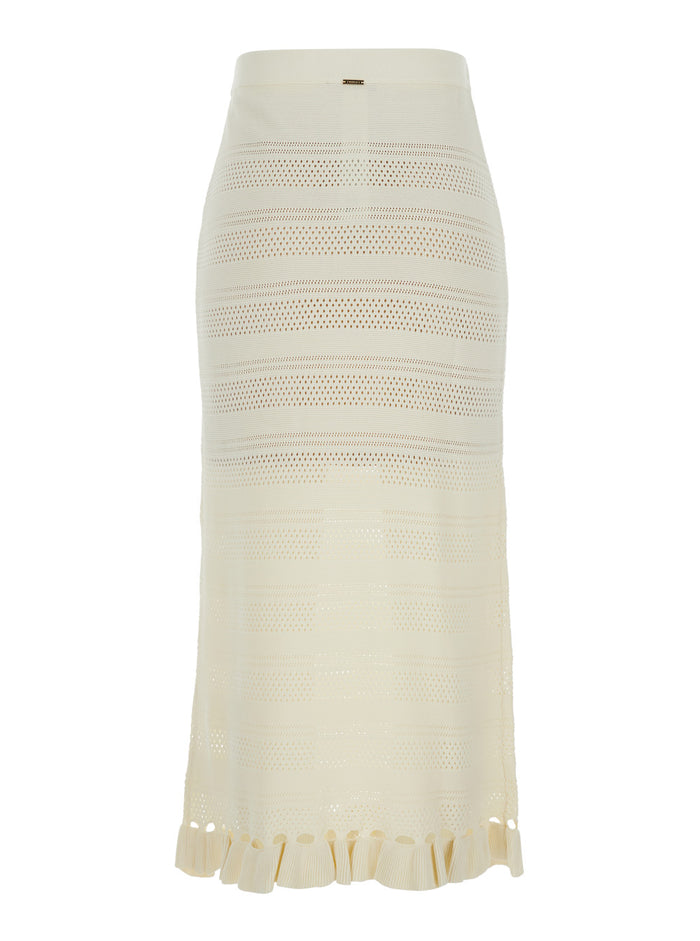 White Skirt with Ruffles and Perforated Design in Wool Blend for Women Viscose Polyamide