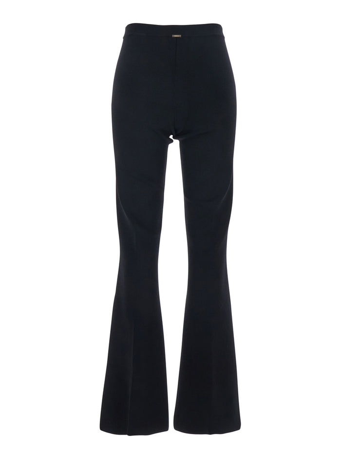 Black Ribbed Design Pants for Women Viscose Polyamide Elastane Trousers