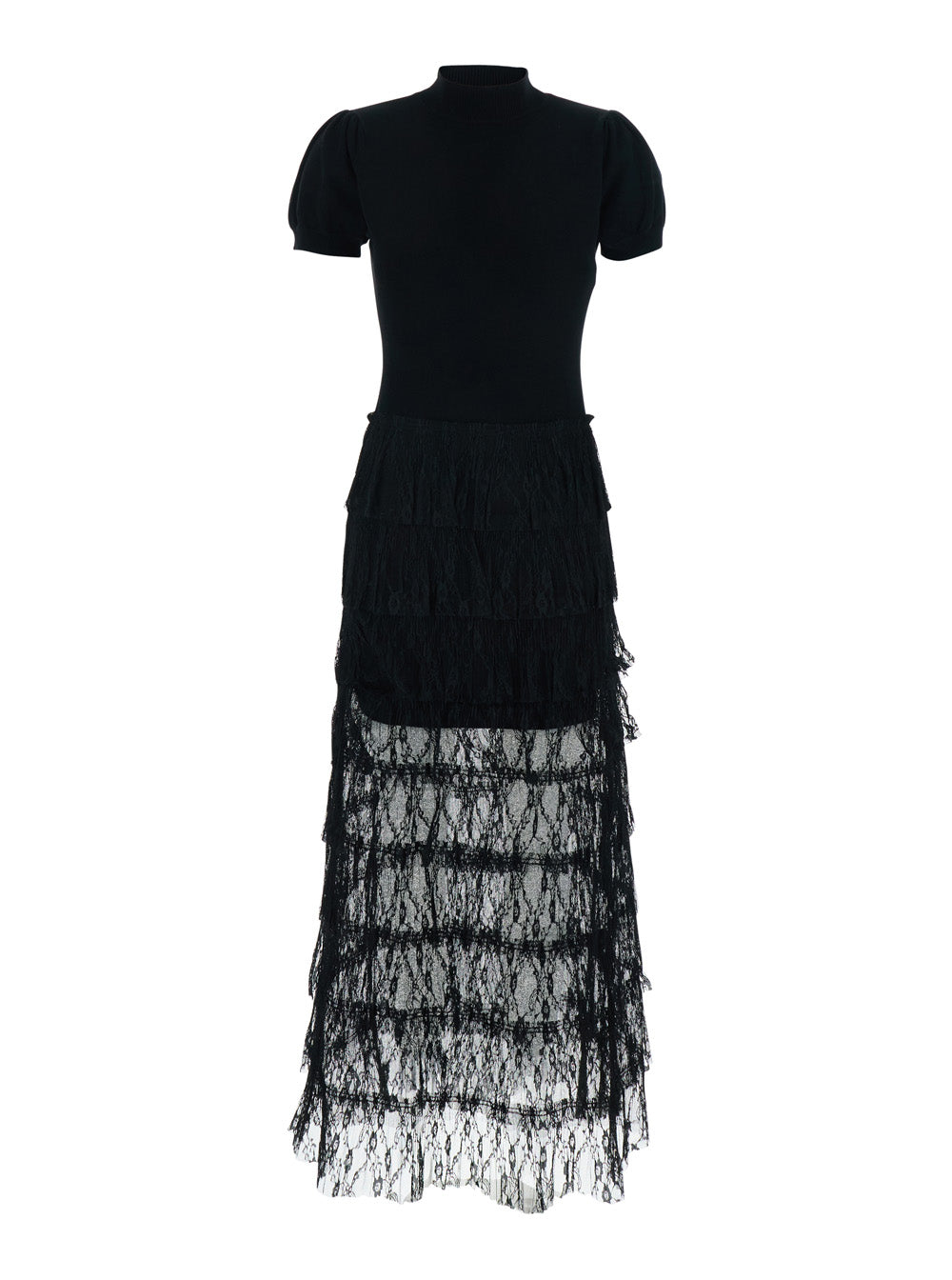 Long Black Dress with High Neck and Semi-Transparent Skirt in Wool Blend for Women Viscose Polyamide