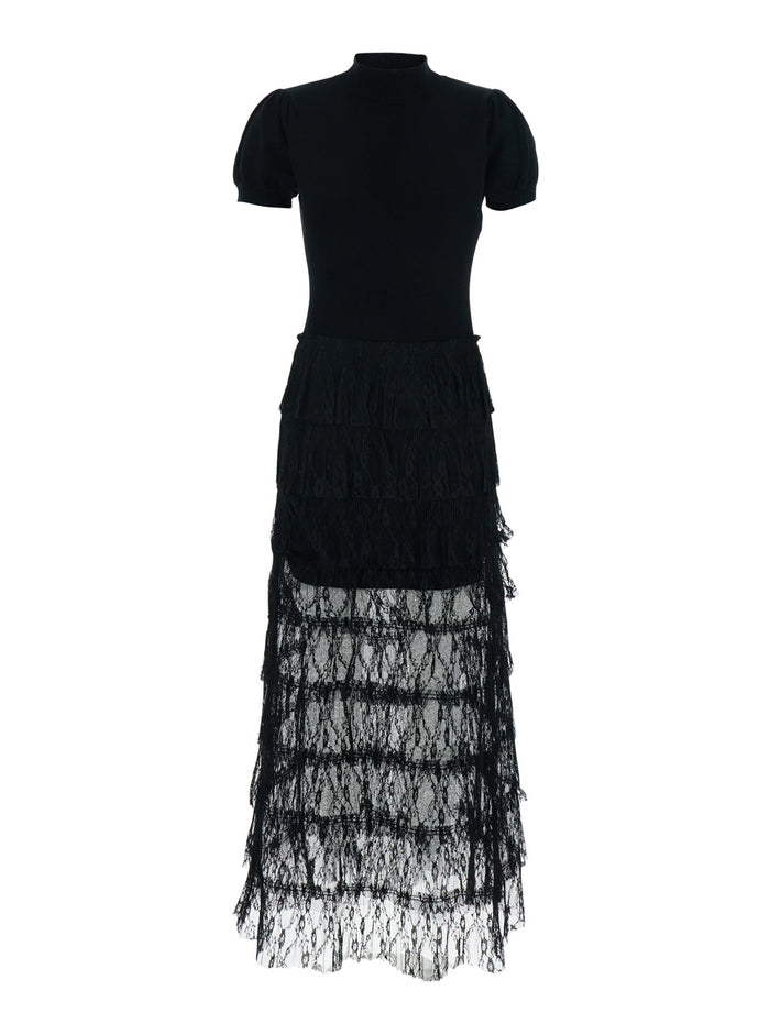 Long Black Dress with High Neck and Semi-Transparent Skirt in Wool Blend for Women Viscose Polyamide