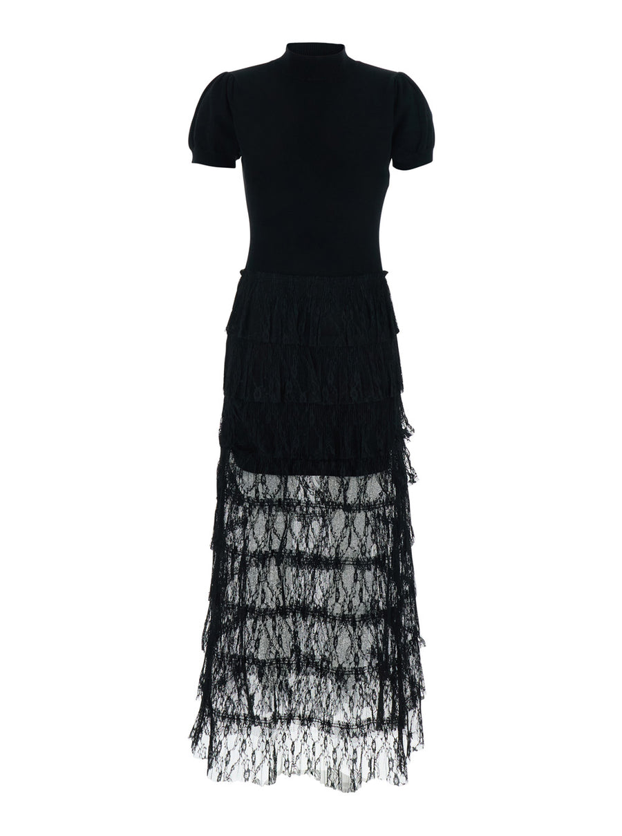 Long Dress High Neck Black Wool Blend Viscose