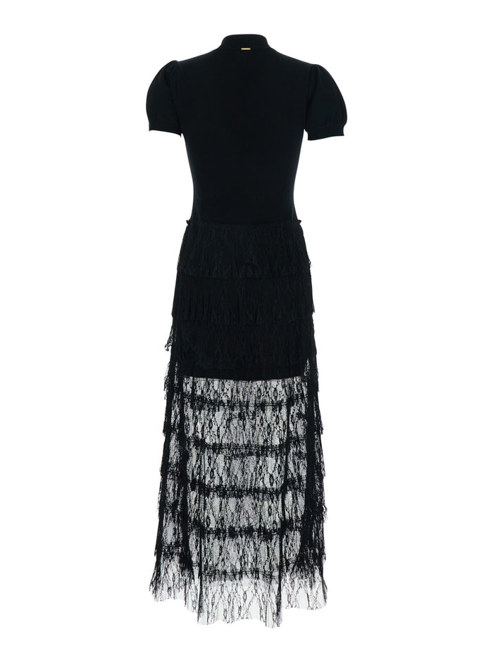 Long Black Dress with High Neck and Semi-Transparent Skirt in Wool Blend for Women Viscose Polyamide