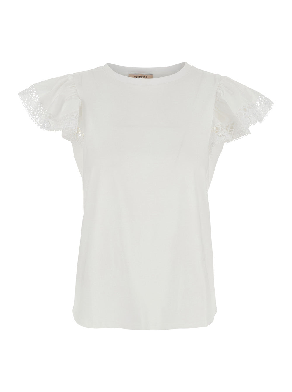 T-Shirt Ruffle White With Details And Round Neck Cotton For Women Tshirts Polo Shirts
