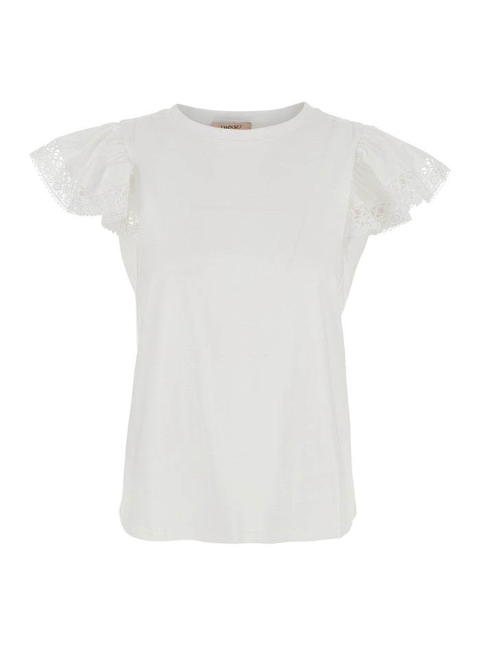 T-Shirt Ruffle White With Details And Round Neck Cotton For Women Tshirts Polo Shirts