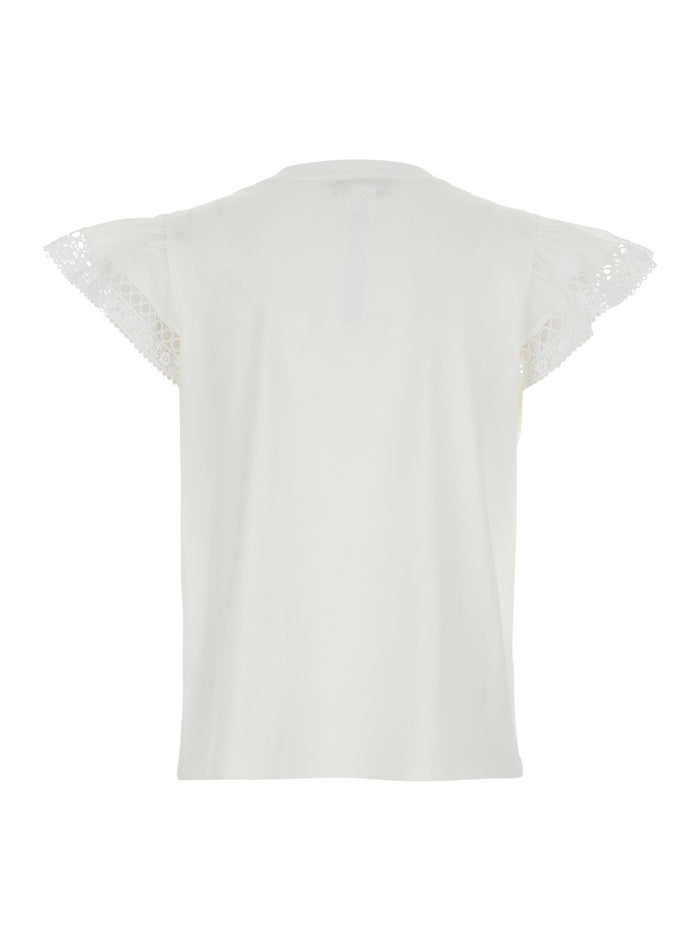 T-Shirt Ruffle White With Details And Round Neck Cotton For Women Tshirts Polo Shirts