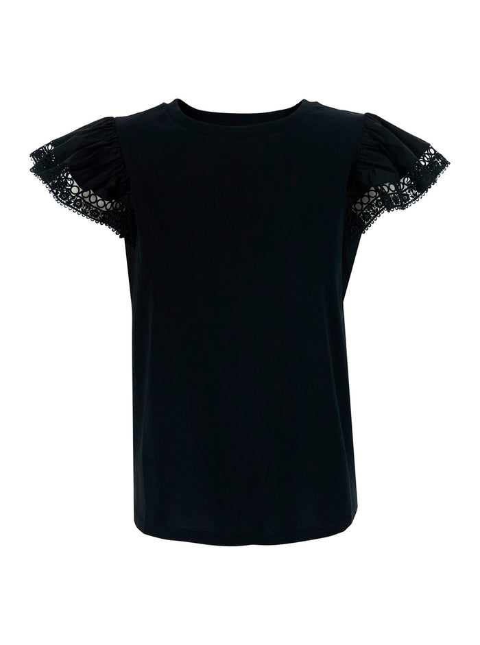 Black Ruffle T-Shirt With Short Sleeves And Details Cotton For Women Tshirts Polo Shirts