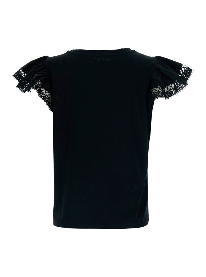 Black Ruffle T-Shirt With Short Sleeves And Details Cotton For Women Tshirts Polo Shirts