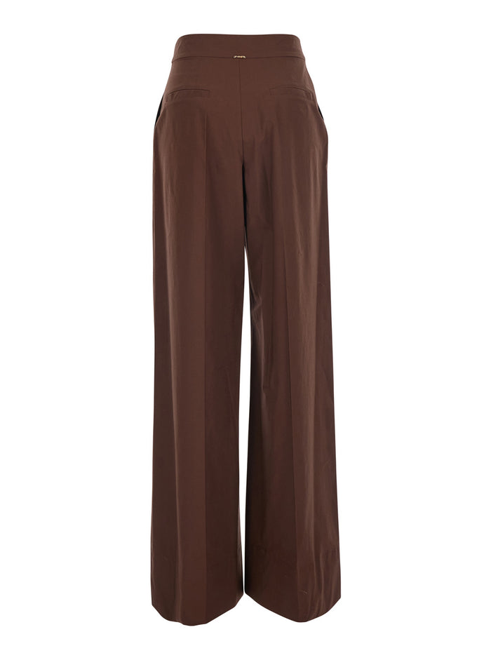 Brown High-Waisted Wide Leg Trousers With Side Pockets For Women Cotton Elastane