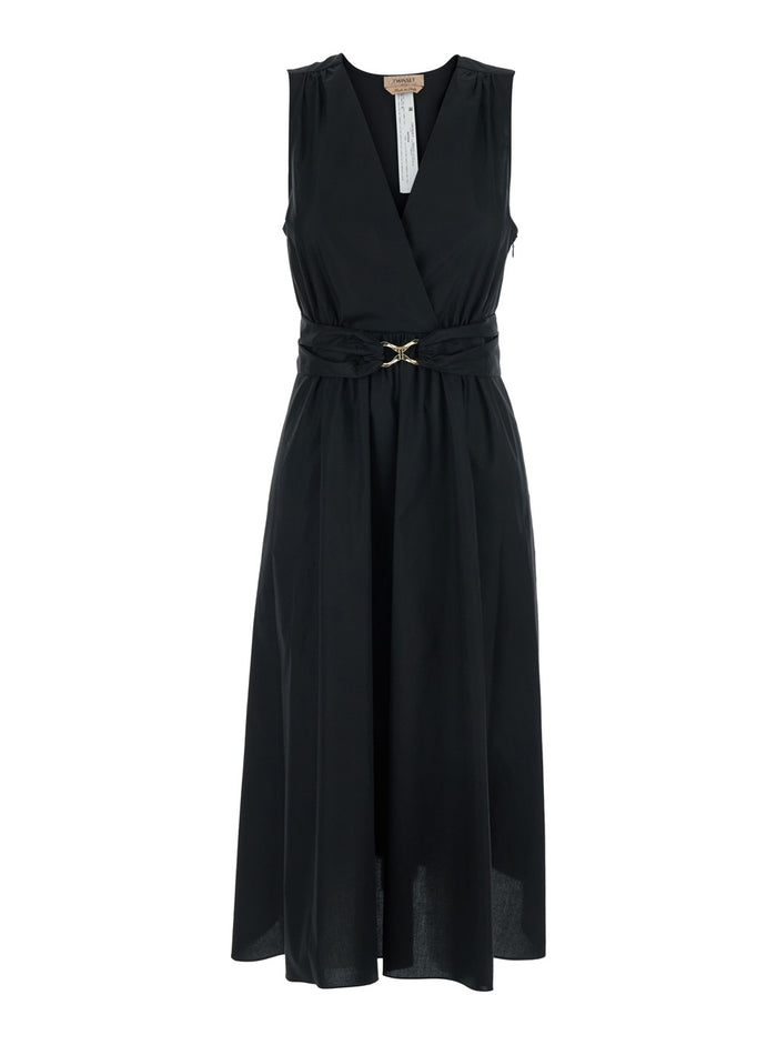 Long Dress Metal Buckle Black With V-Neck And Cotton Belt For Women Elastane