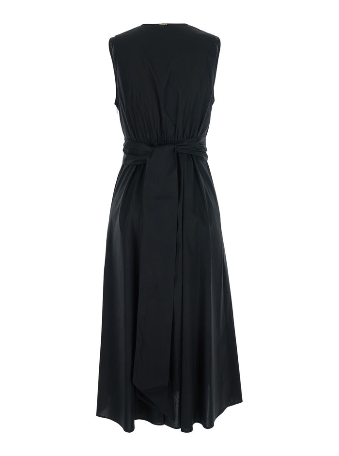 Long Dress Metal Buckle Black With V-Neck And Cotton Belt For Women Elastane