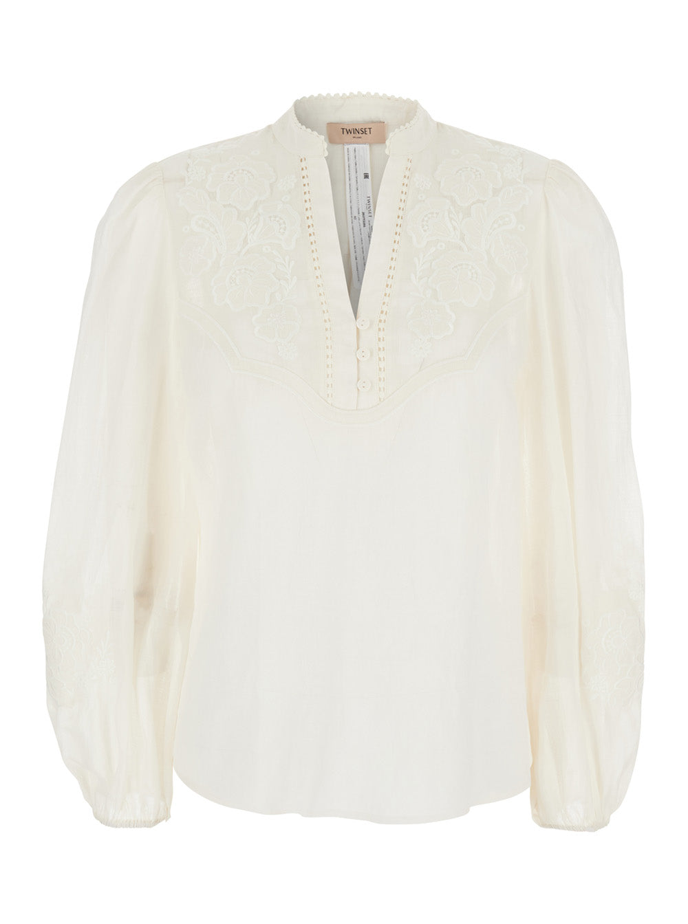 White V-neck Blouse with Fabric Embroidery for Women Ramie Shirts And Blouses