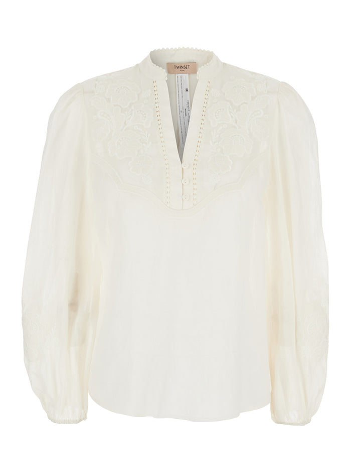 White V-neck Blouse with Fabric Embroidery for Women Ramie Shirts And Blouses
