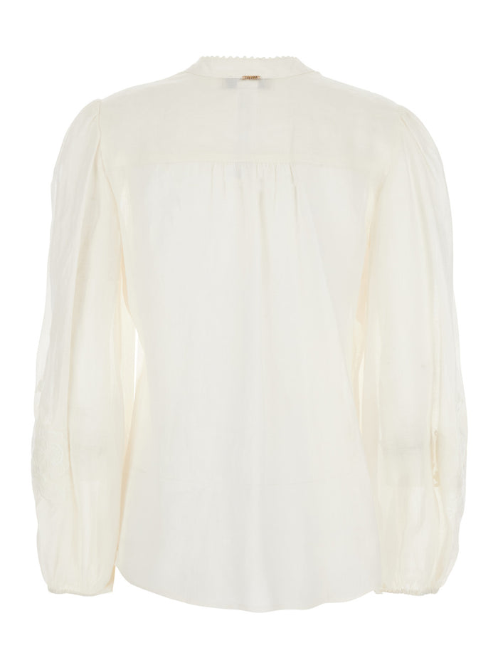 White V-neck Blouse with Fabric Embroidery for Women Ramie Shirts And Blouses
