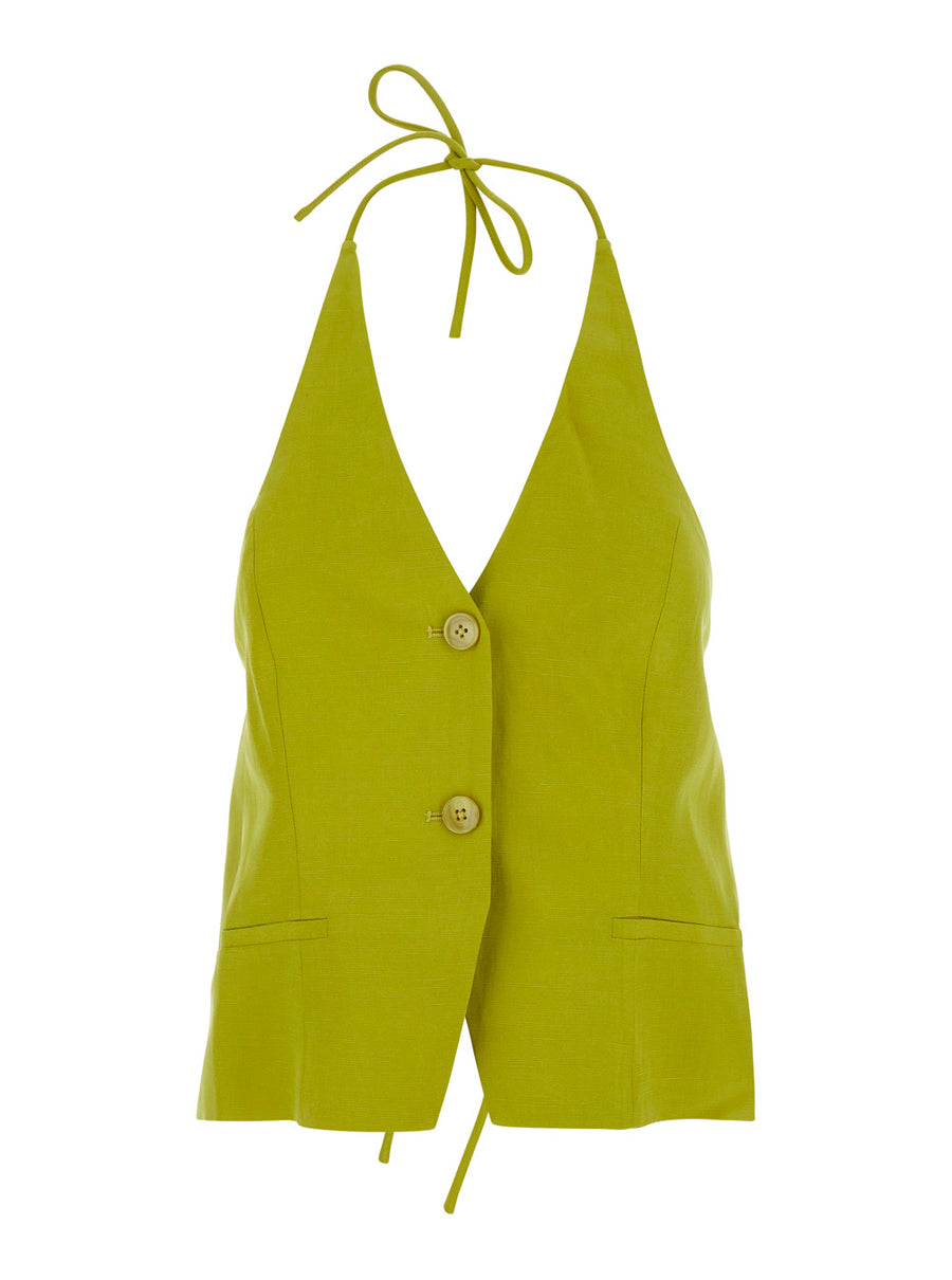 Vest V-Neck Yellow Linen Blend Lyocell Blazers