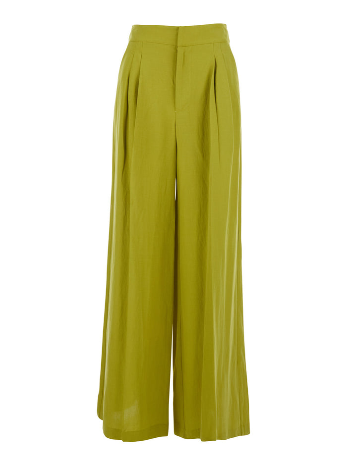 Wide Leg Pants Green with High Waist in Lyocell and Linen for Women Trousers