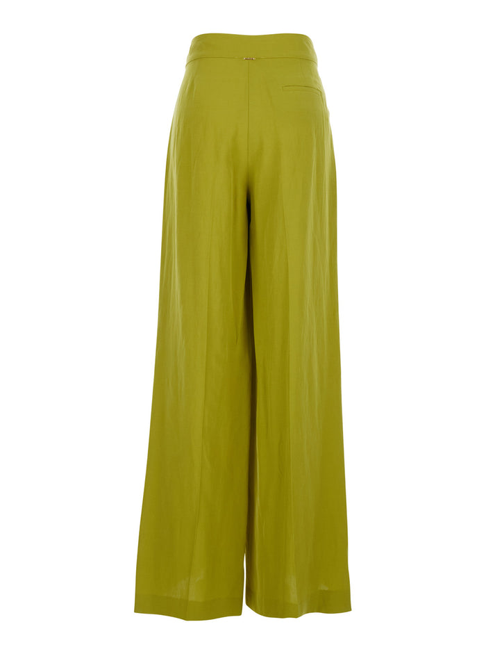 Wide Leg Pants Green with High Waist in Lyocell and Linen for Women Trousers